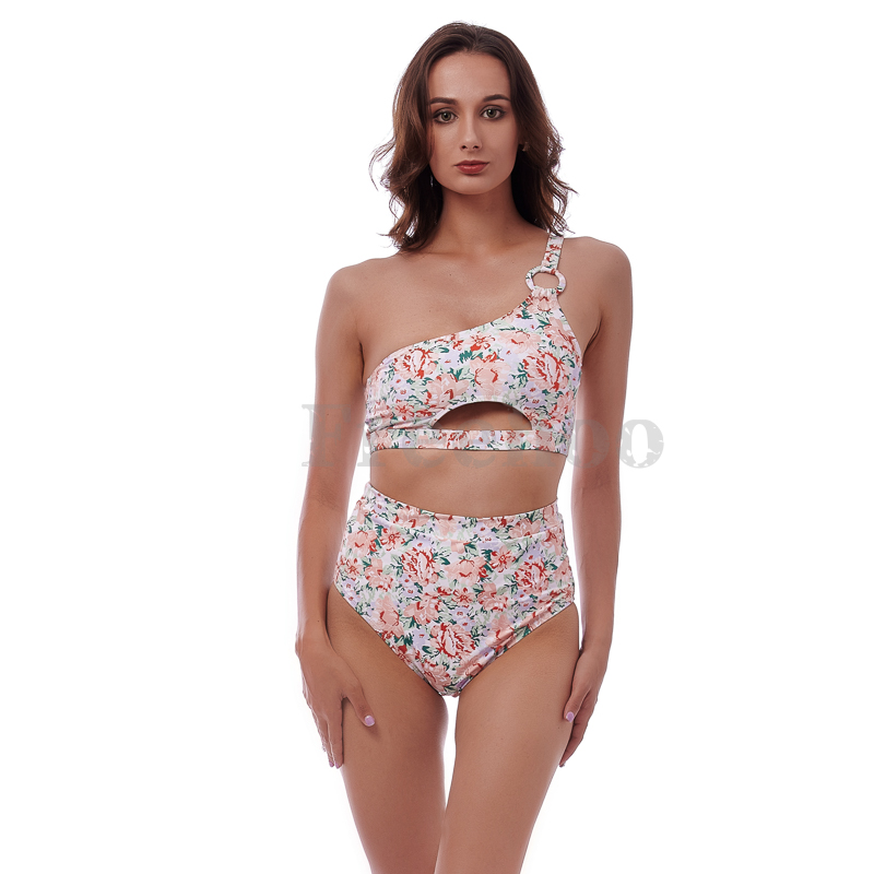 Women’s Sexy Floral Allover Print One Shoulder High Waist Bikini Suit