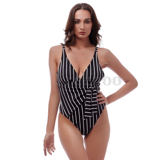 Women’s Sexy Black And White Stripe Wireless One-piece Swimsuit