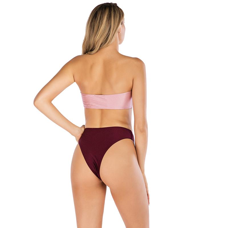 Women’s Sexy Pink Bandeau And Wine High Leg Bottom Contrast Bikini Suit