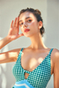 Women’s Sexy Green Check Joint Colors Wireless One-piece Swimwear