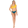 Women’s Sexy Yellow Asymmetric Frill Top And Blue Side 3 Straps Bottom Contrast Bikini Suit