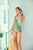Women’s Sexy Green & Blue Joint Texture Scallop Frill Wireless One-piece Swimwear
