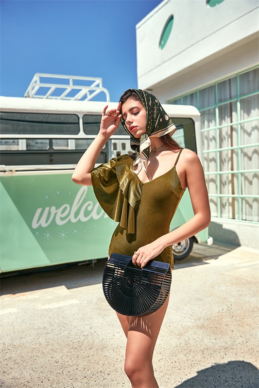 Women’s Sexy Green Ruffles Wireless One-piece Swimwear