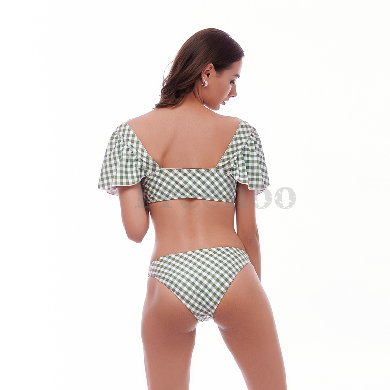 Women’s Sexy Checked Puff Sleeve Drawstring Bikini Suit