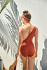 Women’s Sexy Brown & Pink Joint Texture Scallop Frill Wireless One-piece Swimwear